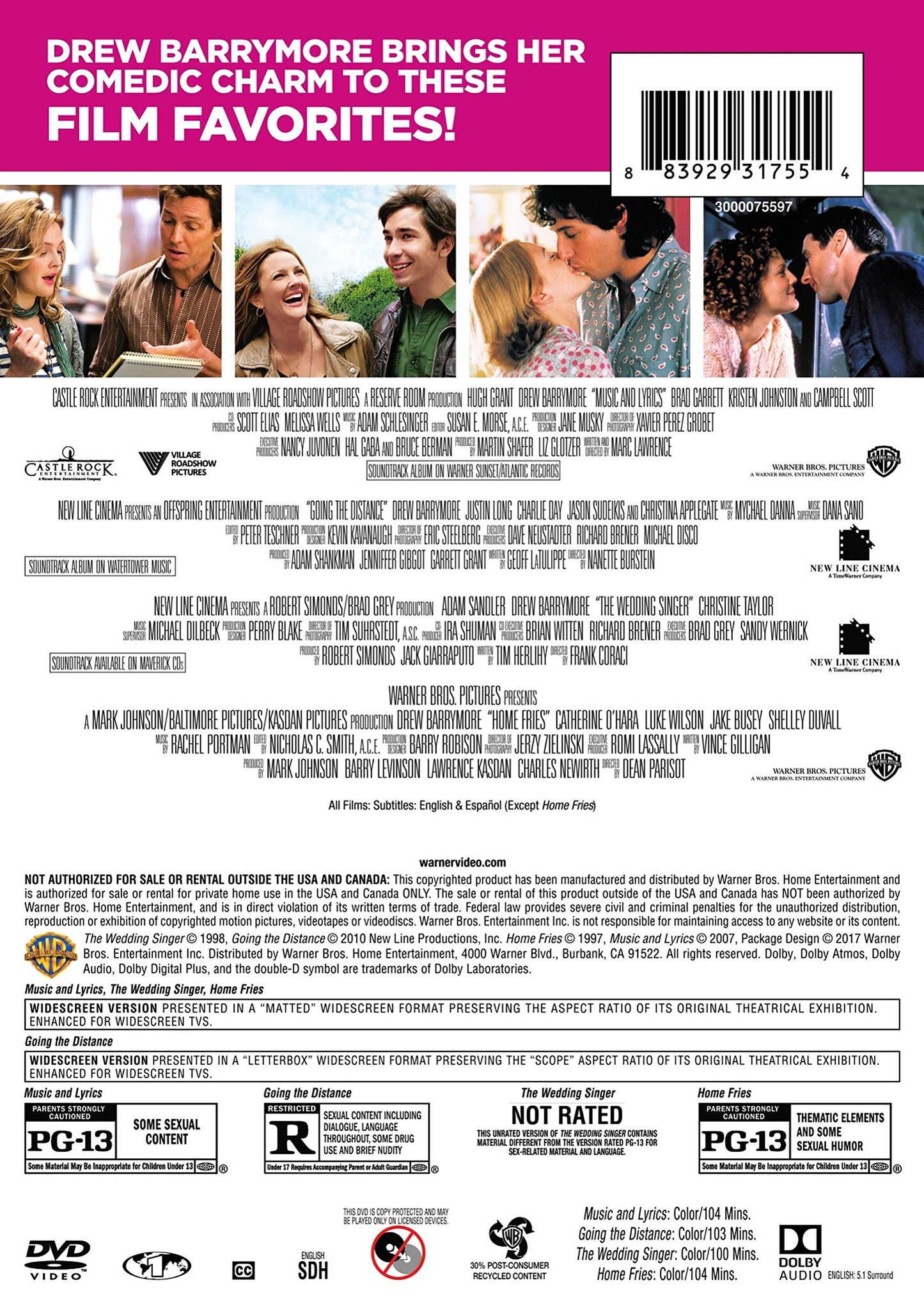 4 Film Favorites: Drew Barrymore (Music and Lyrics, Going the Distance, The Wedding Singer: Special Edition, Home Fries)