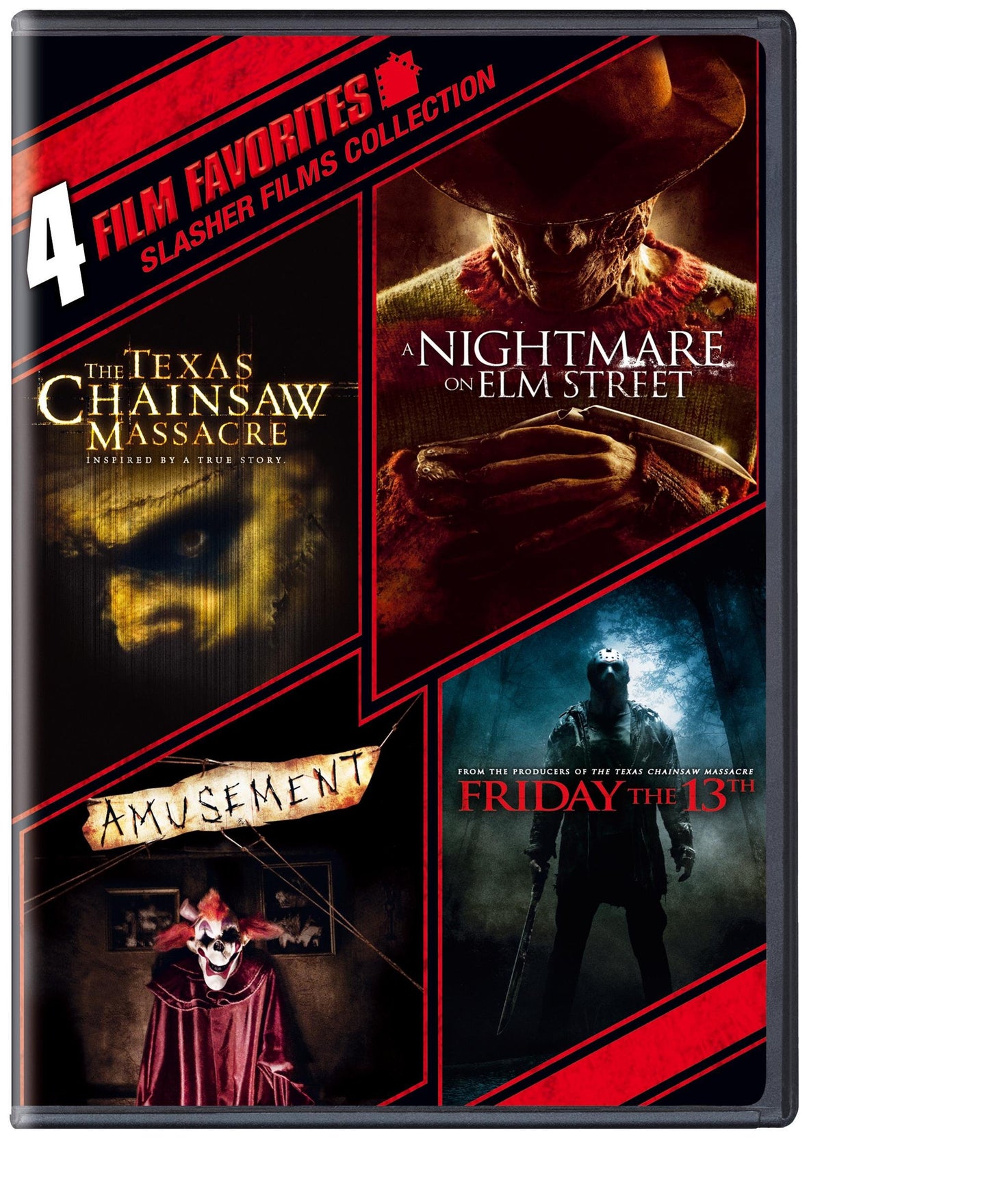 4 Film Favorites: Slasher Films (The Texas Chainsaw Massacre, Nightmare on Elm Street (2010), Friday the 13th (2009), Amusement)